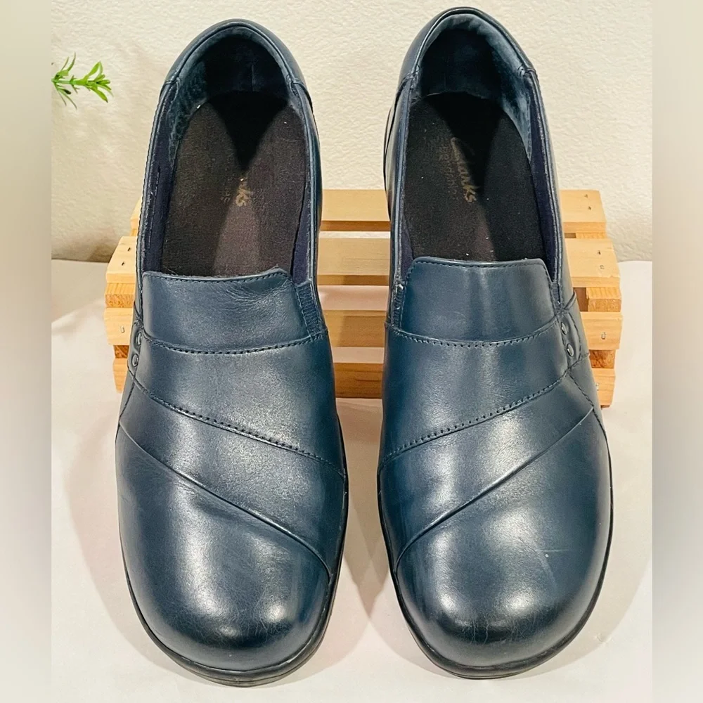Clarks “May Marigold” Navy Banded Studded Genuine Leather Slip On Loafers